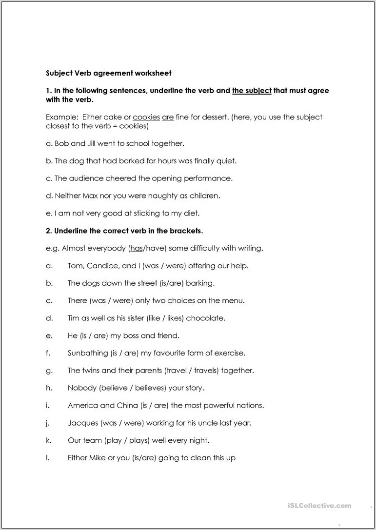 Subject Verb Agreement Worksheet Printable