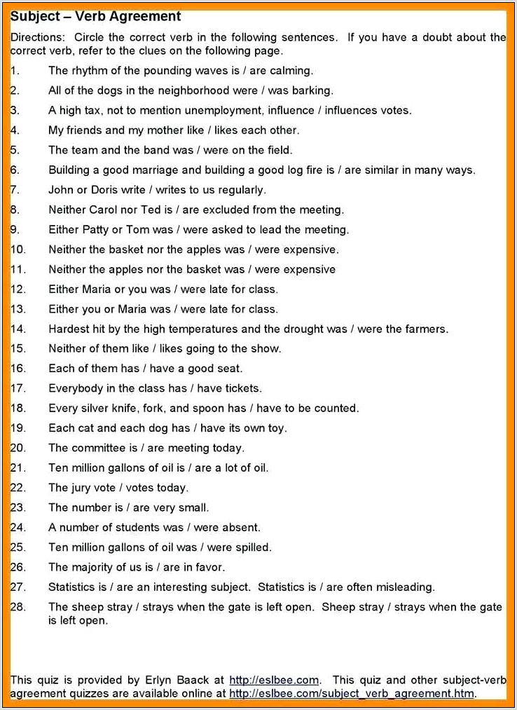 Subject Verb Agreement Worksheet With Answers