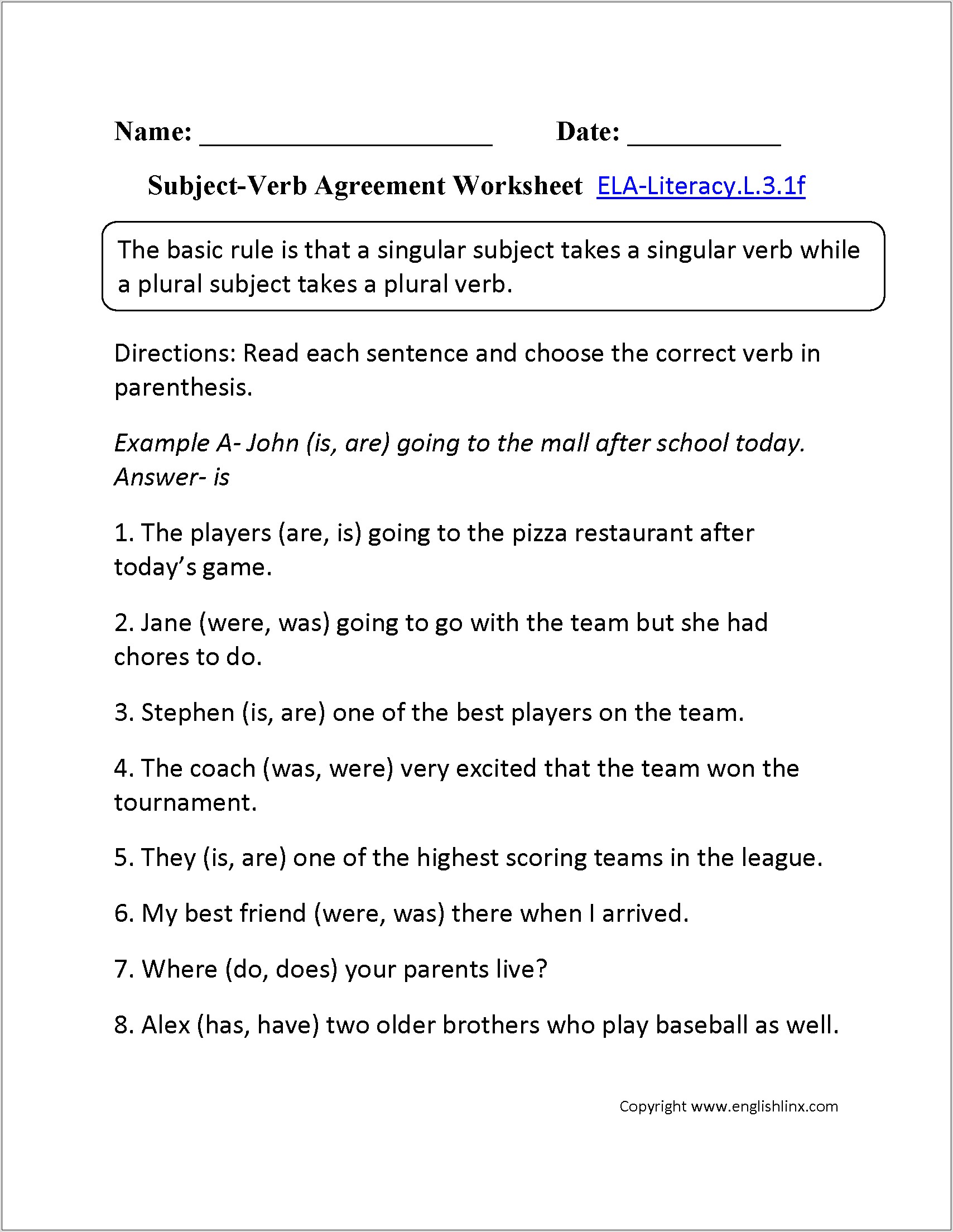 Subject Verb Agreement Worksheets Was Were