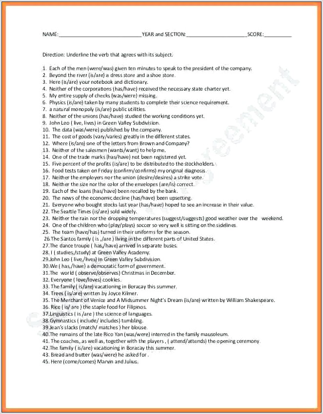 Subject Verb Agreement Worksheets With Rules