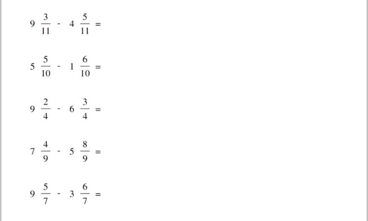 Subtracting Fractions With Whole Numbers Worksheet