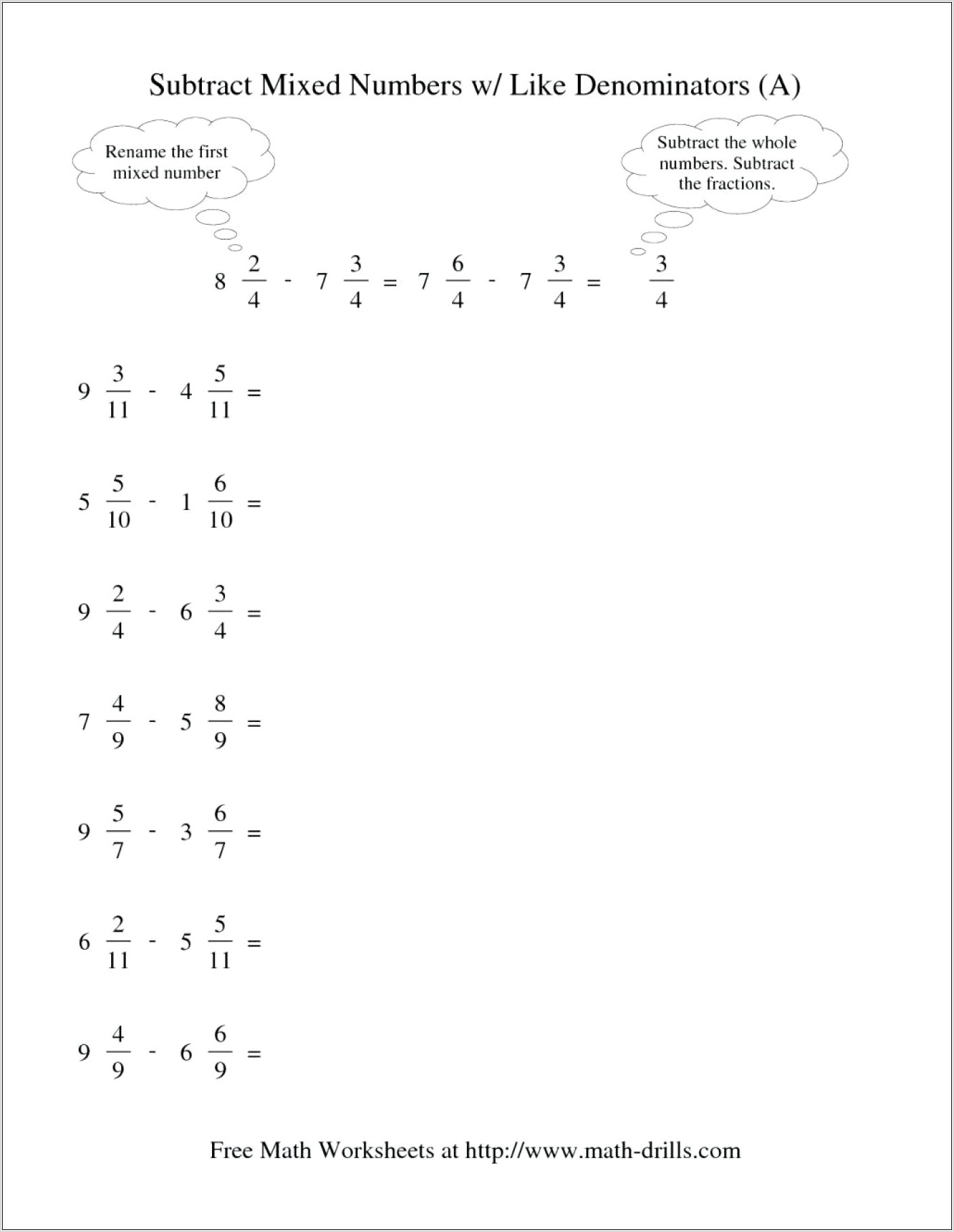 Subtracting Fractions With Whole Numbers Worksheet