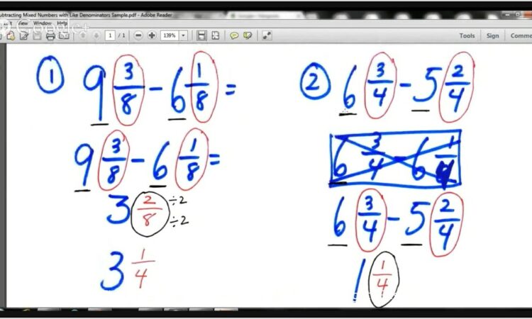 Subtracting Mixed Numbers Worksheet Like Denominators