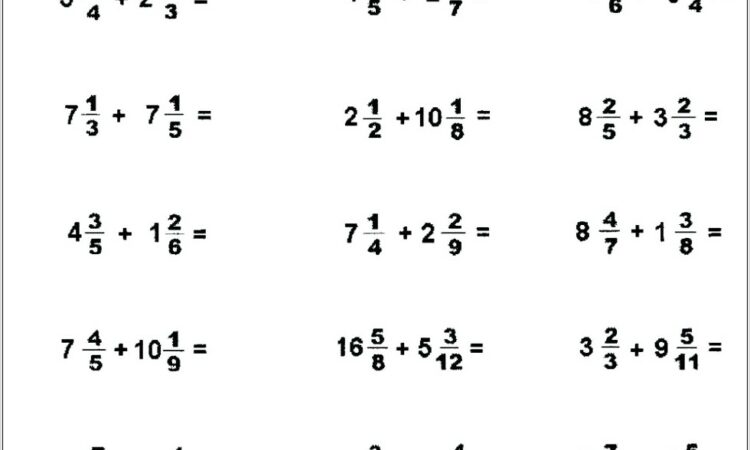 Subtracting Unlike Mixed Numbers Worksheet