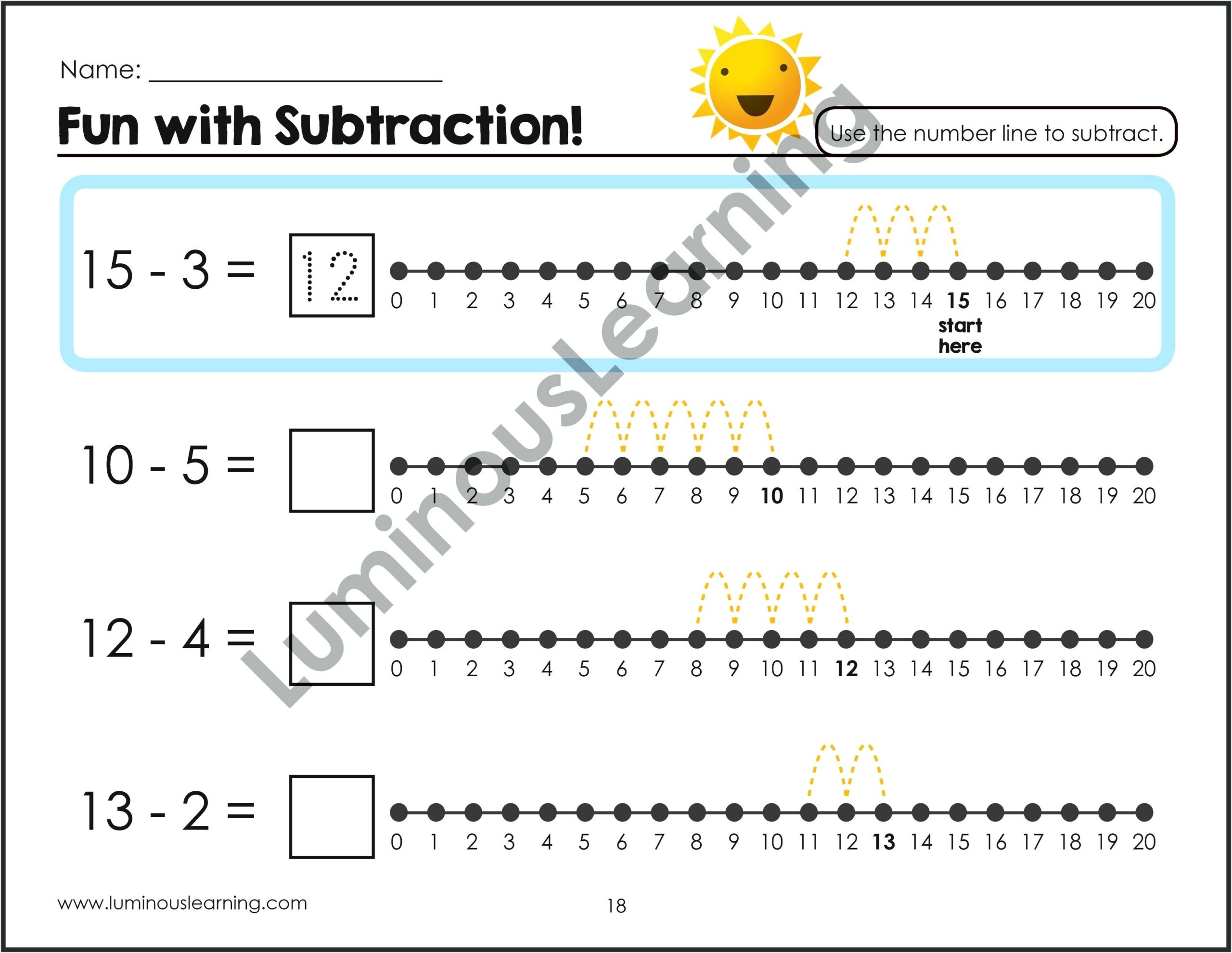 Subtraction Number Line Worksheet Year 3