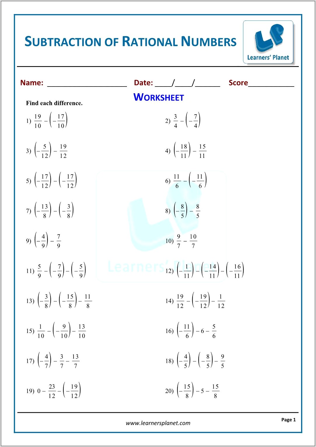 Subtraction Of Rational Numbers Worksheet