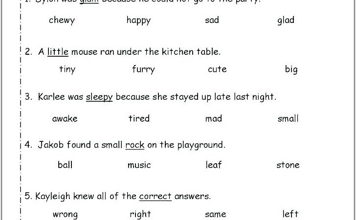 Synonyms Worksheet For Grade 5 Pdf