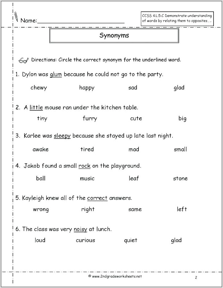 Synonyms Worksheet For Grade 5 Pdf