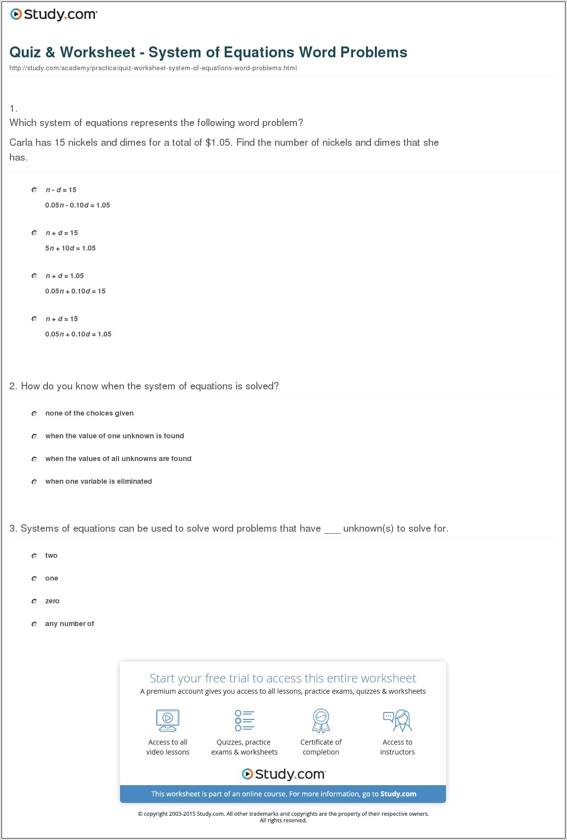 Systems Of Equations Word Problem Quiz