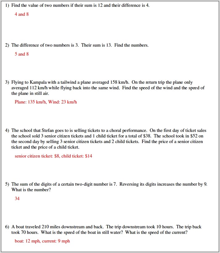 Systems Of Equations Word Problems Common Core