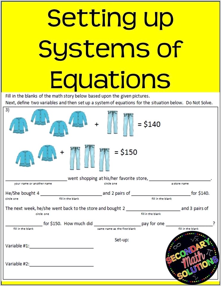 Systems Of Equations Word Problems Notes