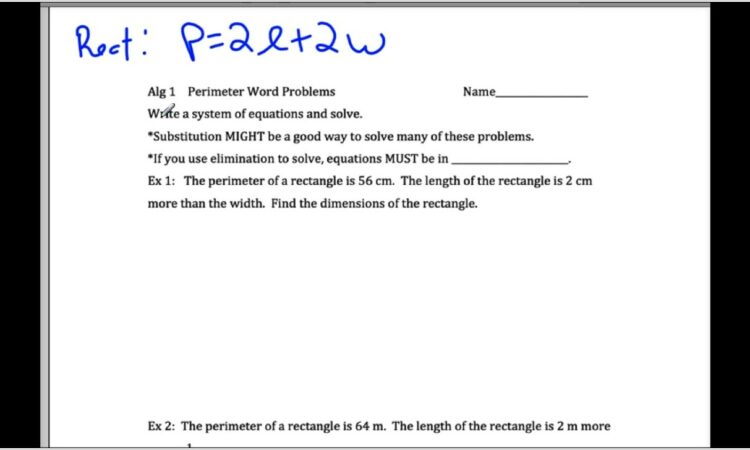 Systems Of Equations Word Problems Perimeter