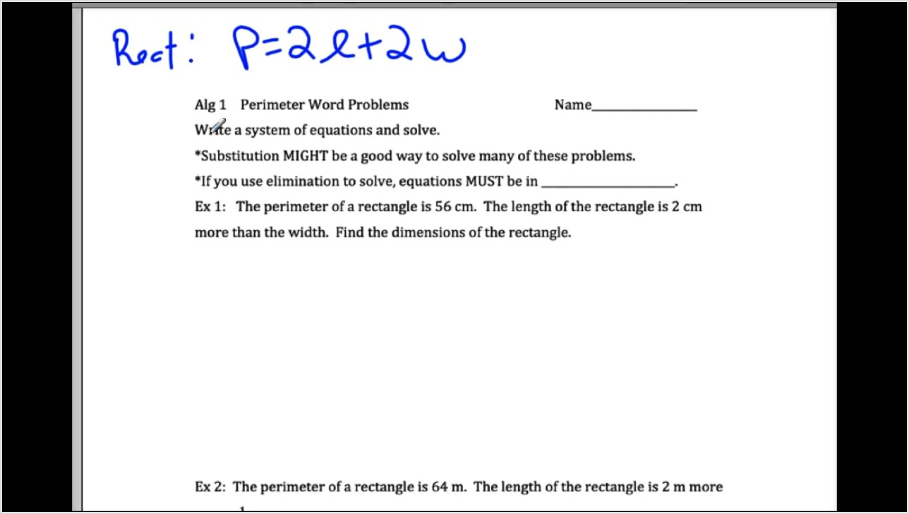 Systems Of Equations Word Problems Perimeter
