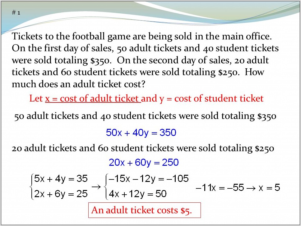 Systems Of Equations Word Problems Tickets