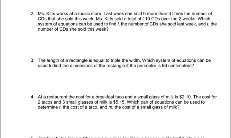 Sytem Of Equation Word Problem Worksheet