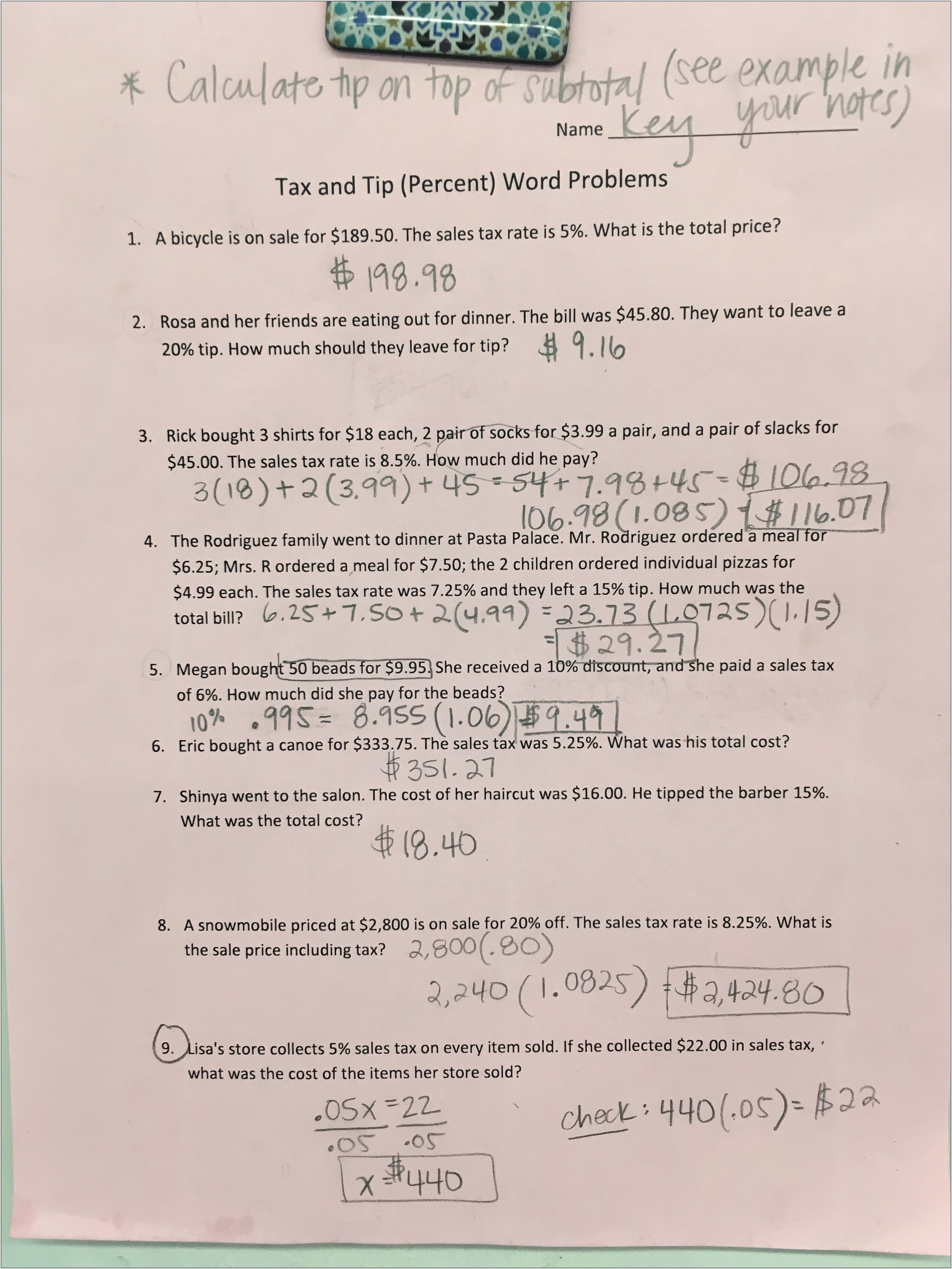 Tax And Tip Worksheet Pdf