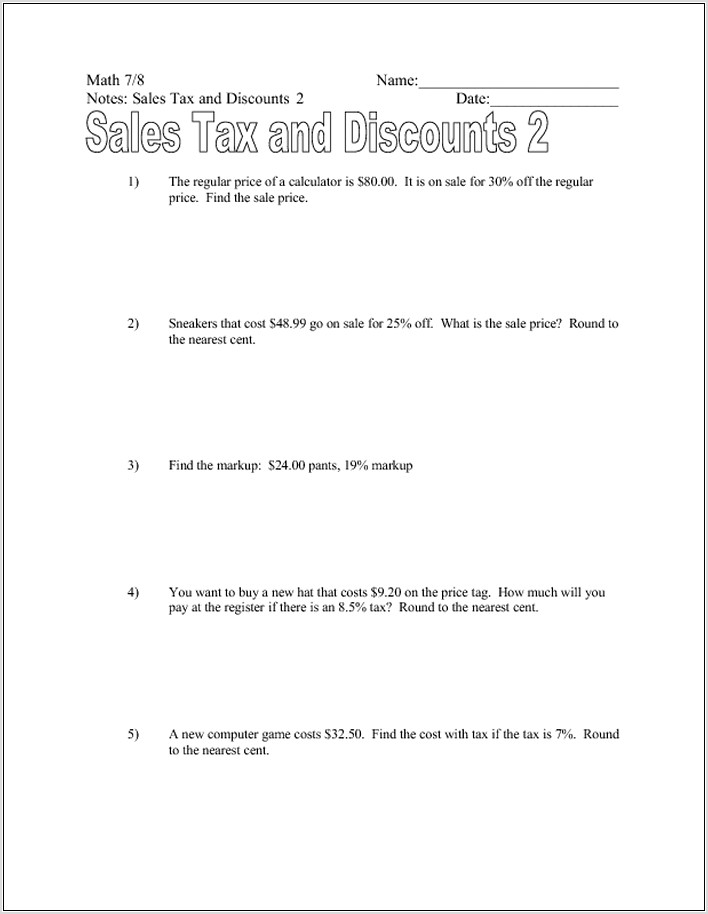 Tax Discount Worksheet 7th Grade