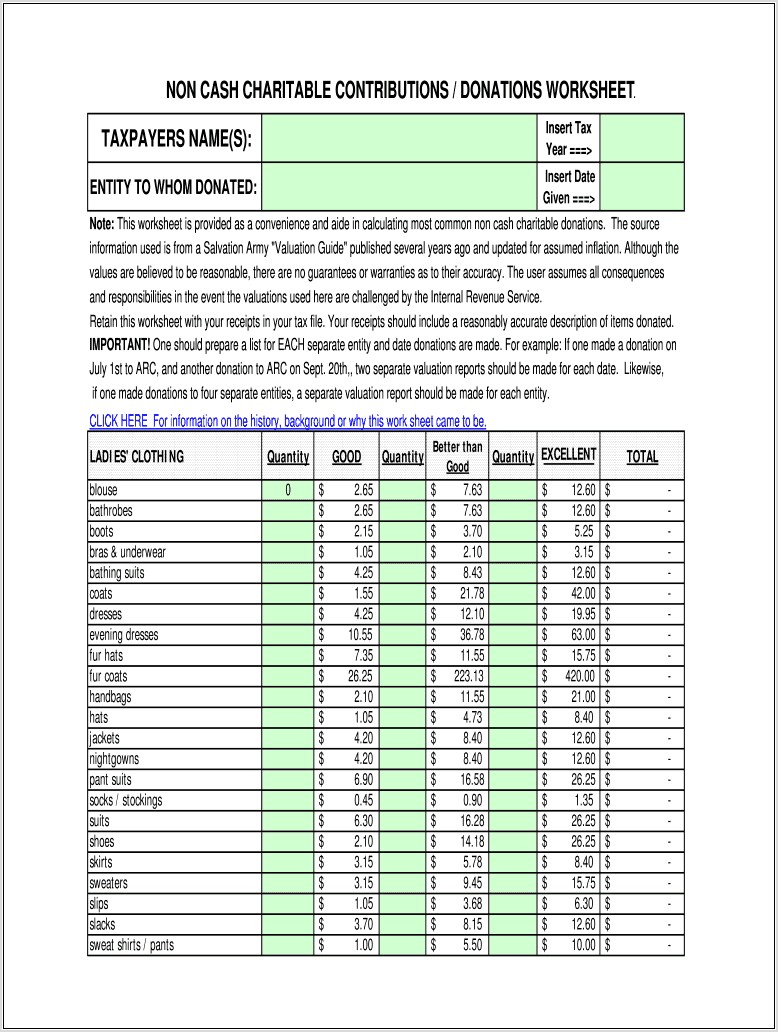 Tax Donation Valuation Worksheet