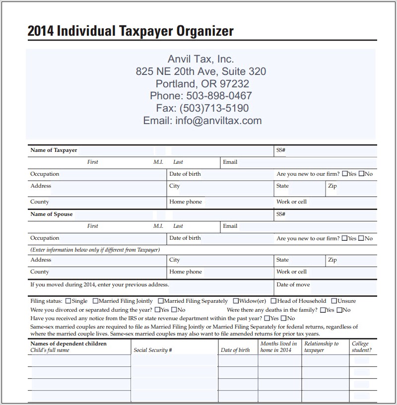 Tax Organizer Worksheet 2014