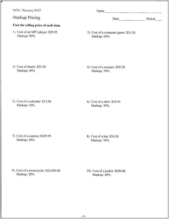 Tax Worksheet 7th Grade