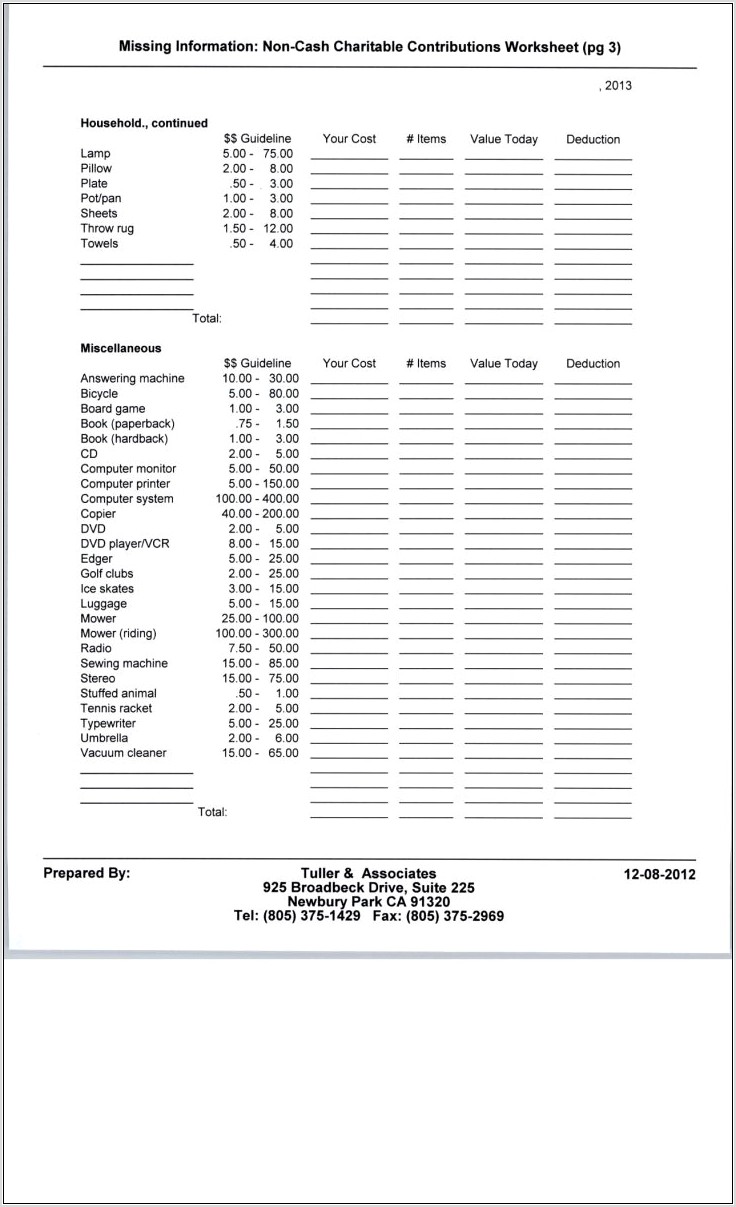 Tax Worksheet For Clothing Donations