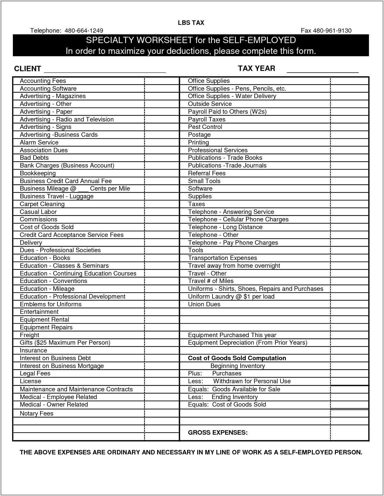 Tax Worksheet For Small Business
