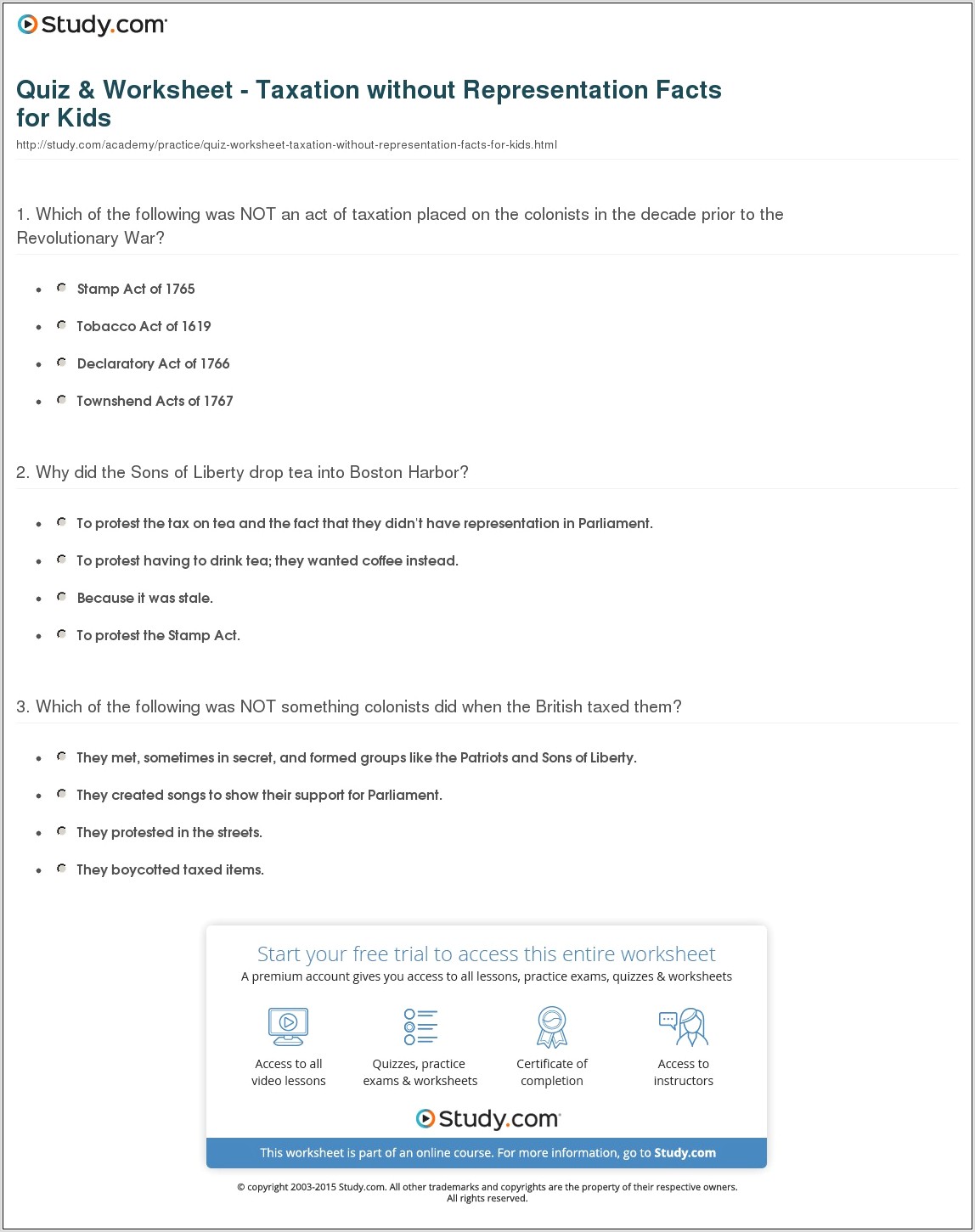 Taxation Without Representation 5th Grade Worksheet