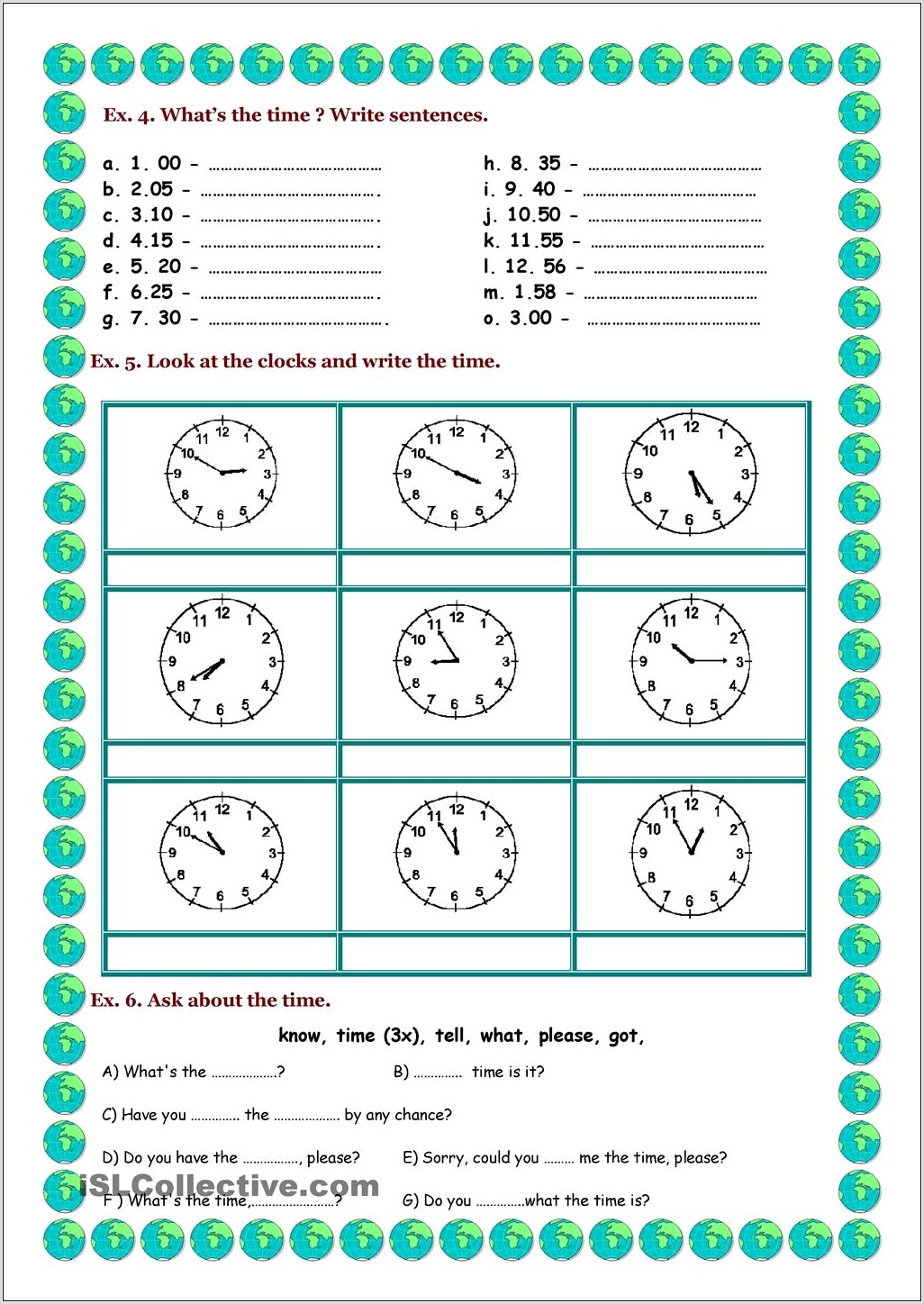 Teaching Time Worksheets Esl