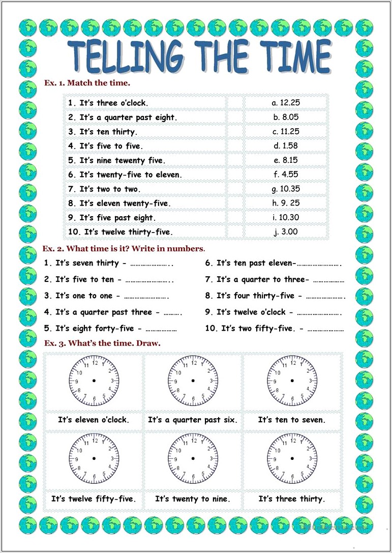 Telling Time Exercise Worksheets