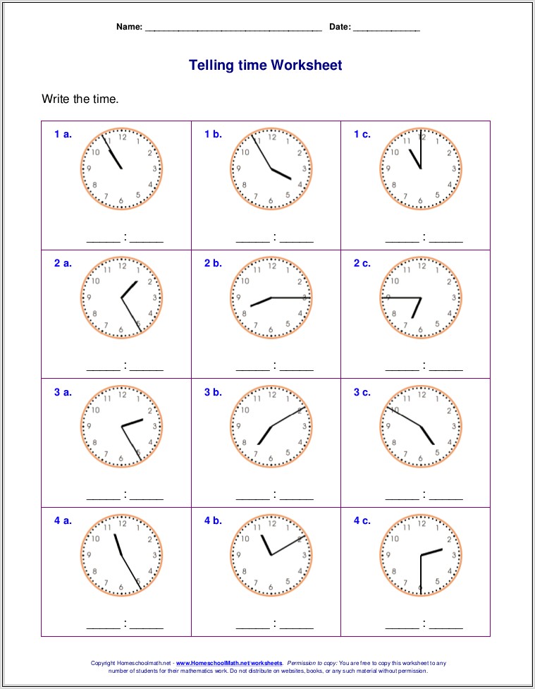 Telling Time Quizzes Printable