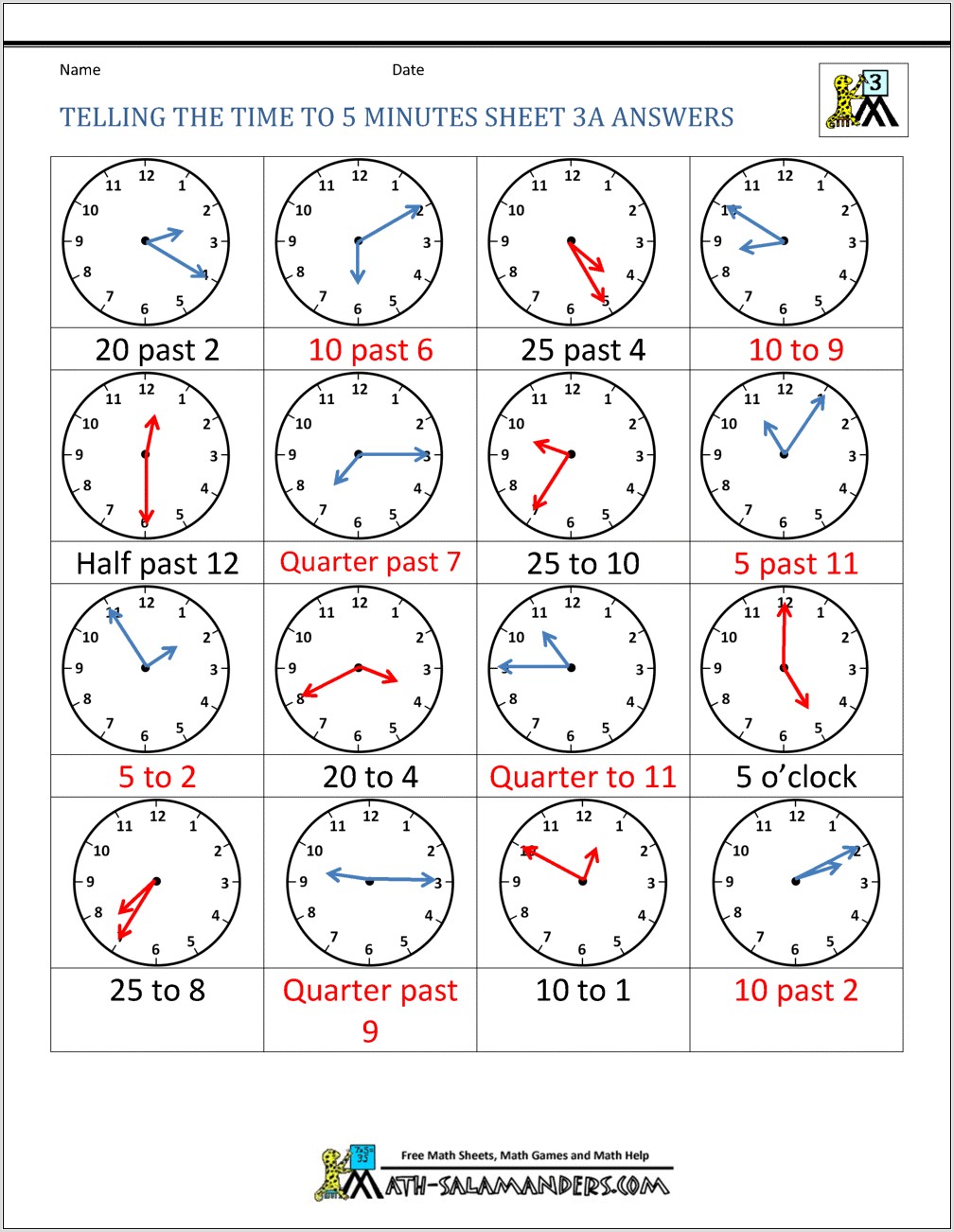 Telling Time Worksheet To The 5 Minutes