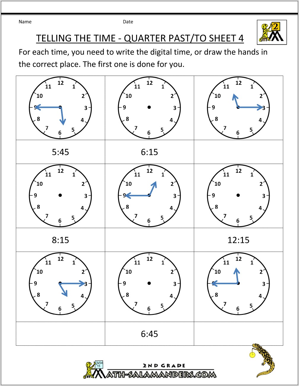 Telling Time Worksheets Quarter To Half Past