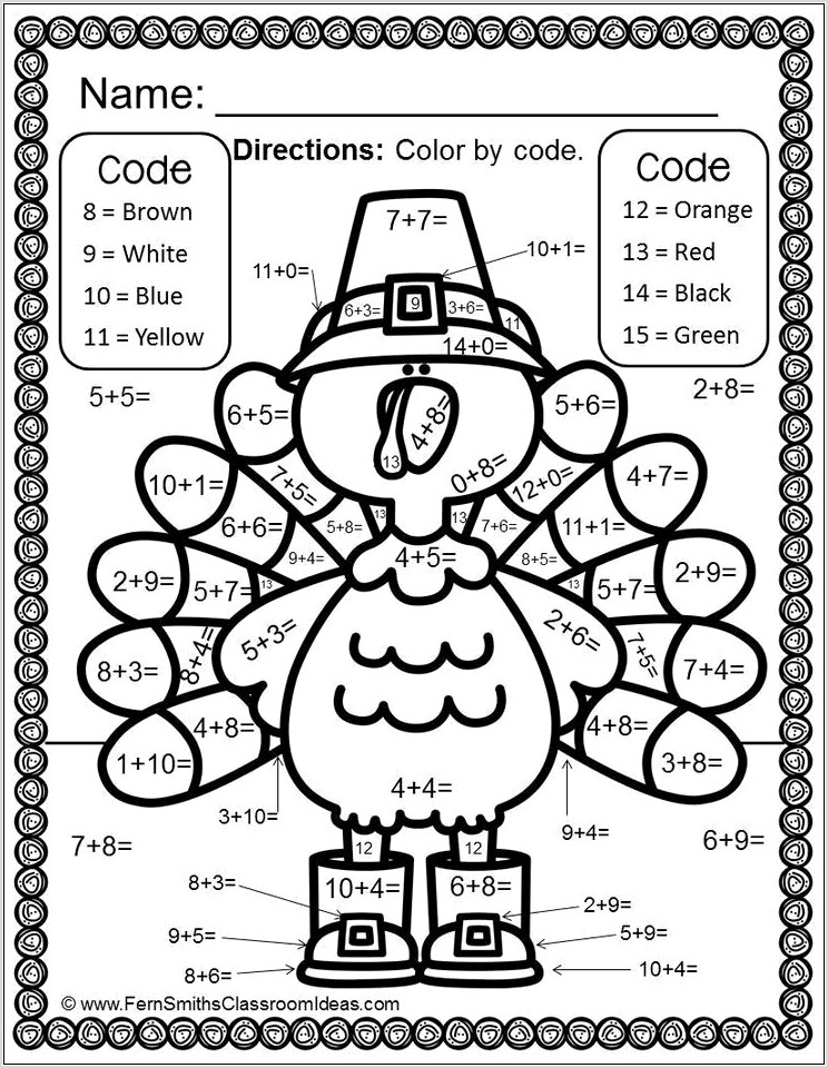Thanksgiving Math Worksheets Color By Number