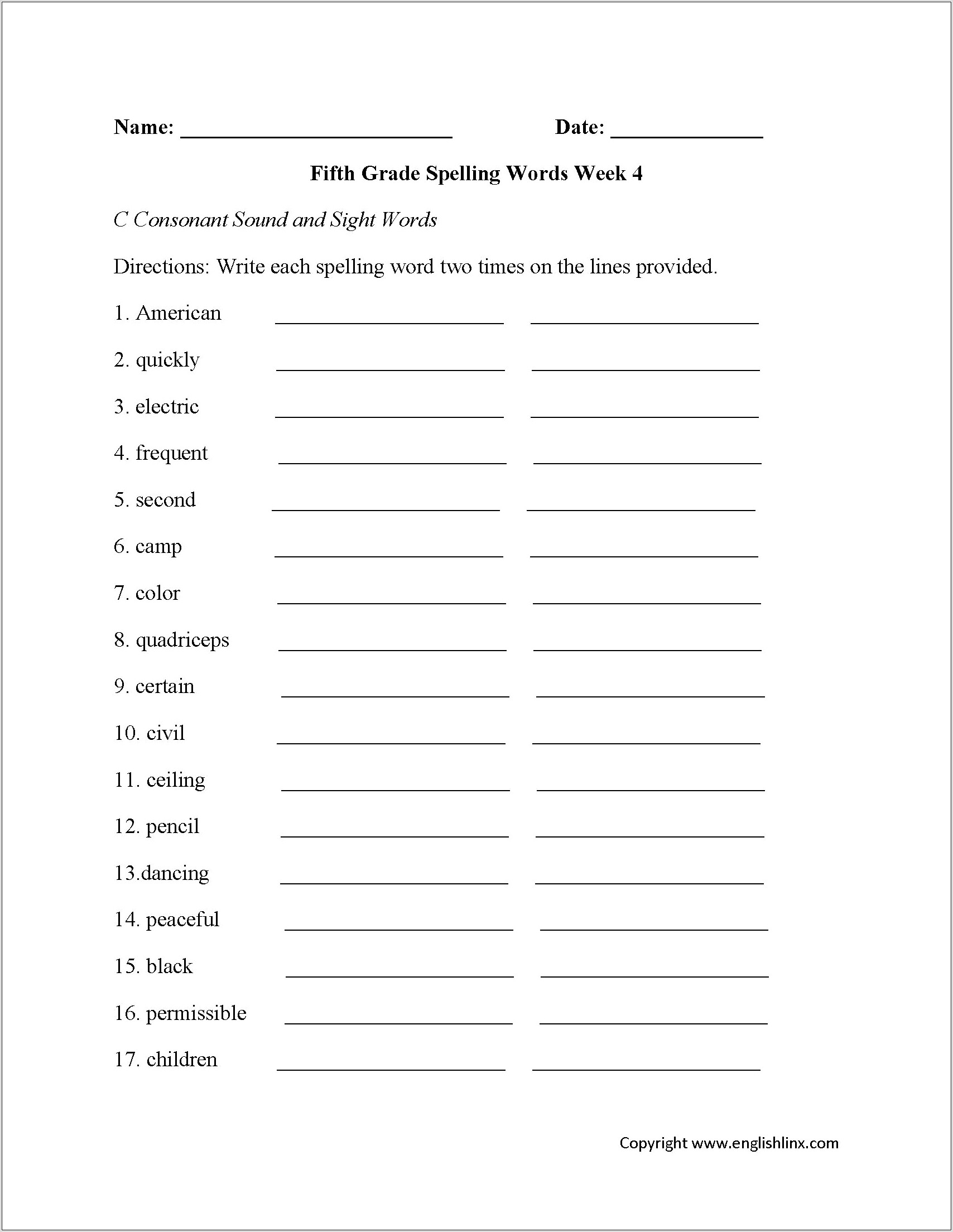 Third Grade Spelling Worksheet