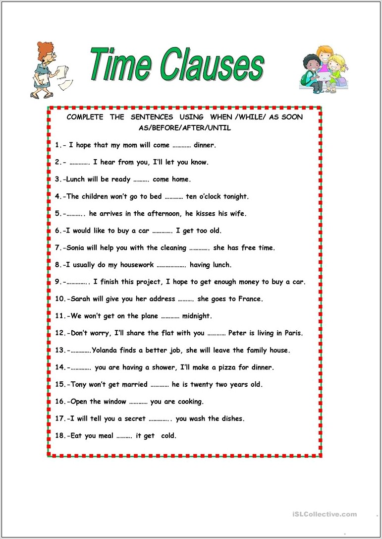 Time Clauses Esl Worksheets