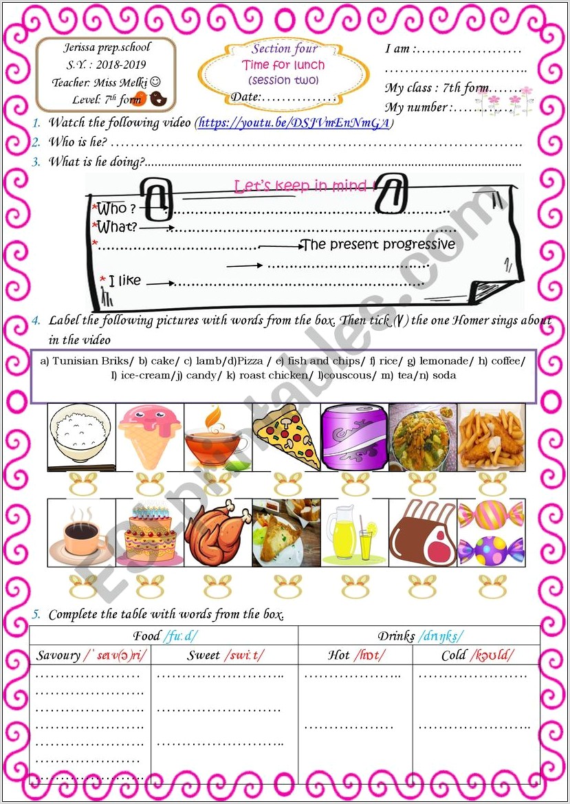 Time For Lunch Esl Worksheet