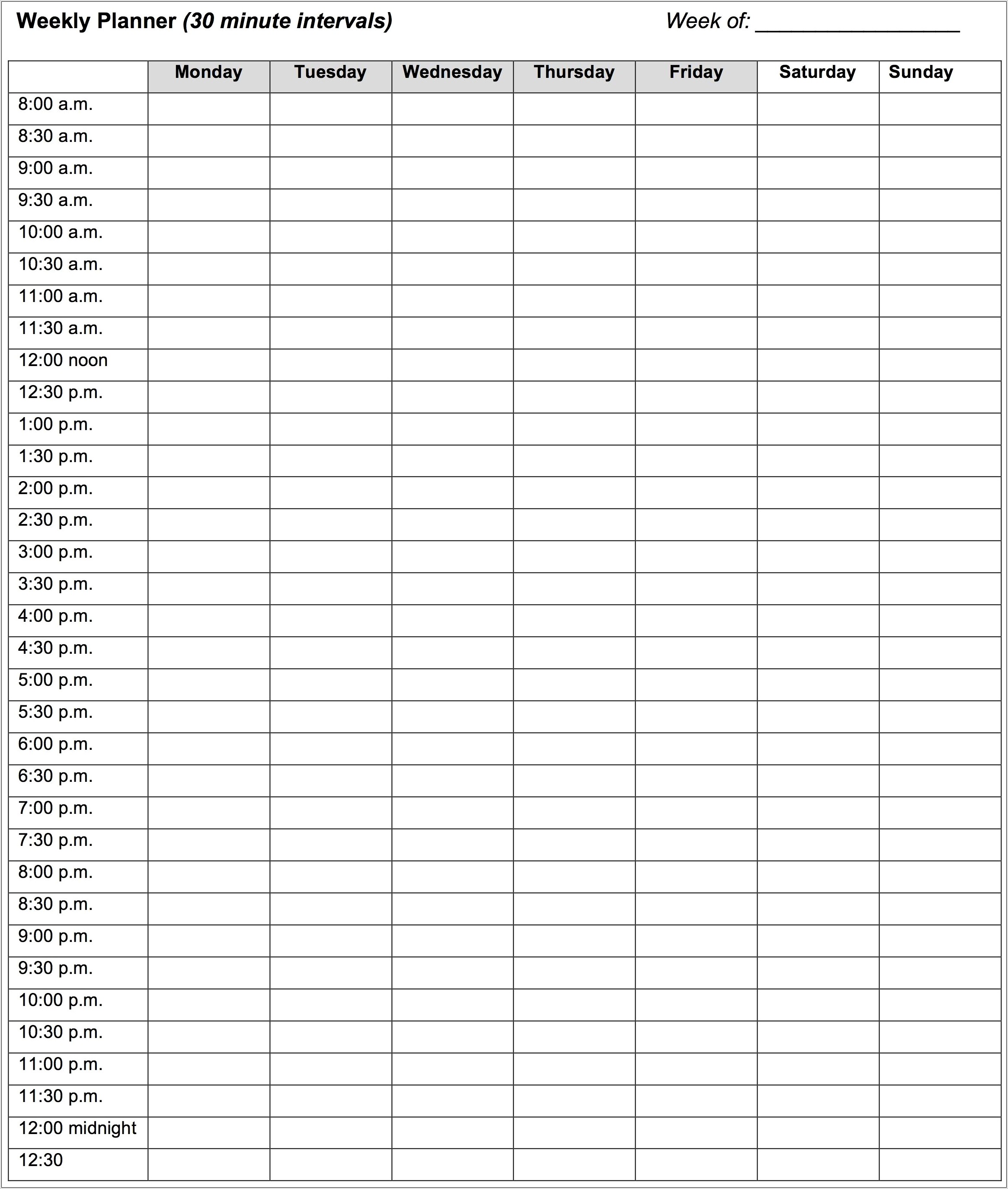 Time Management Worksheet 15 Minute Increments