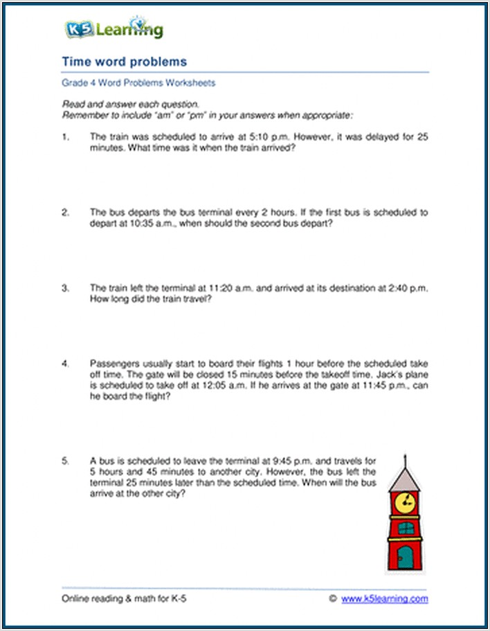 Time Word Problems Worksheets Year 4