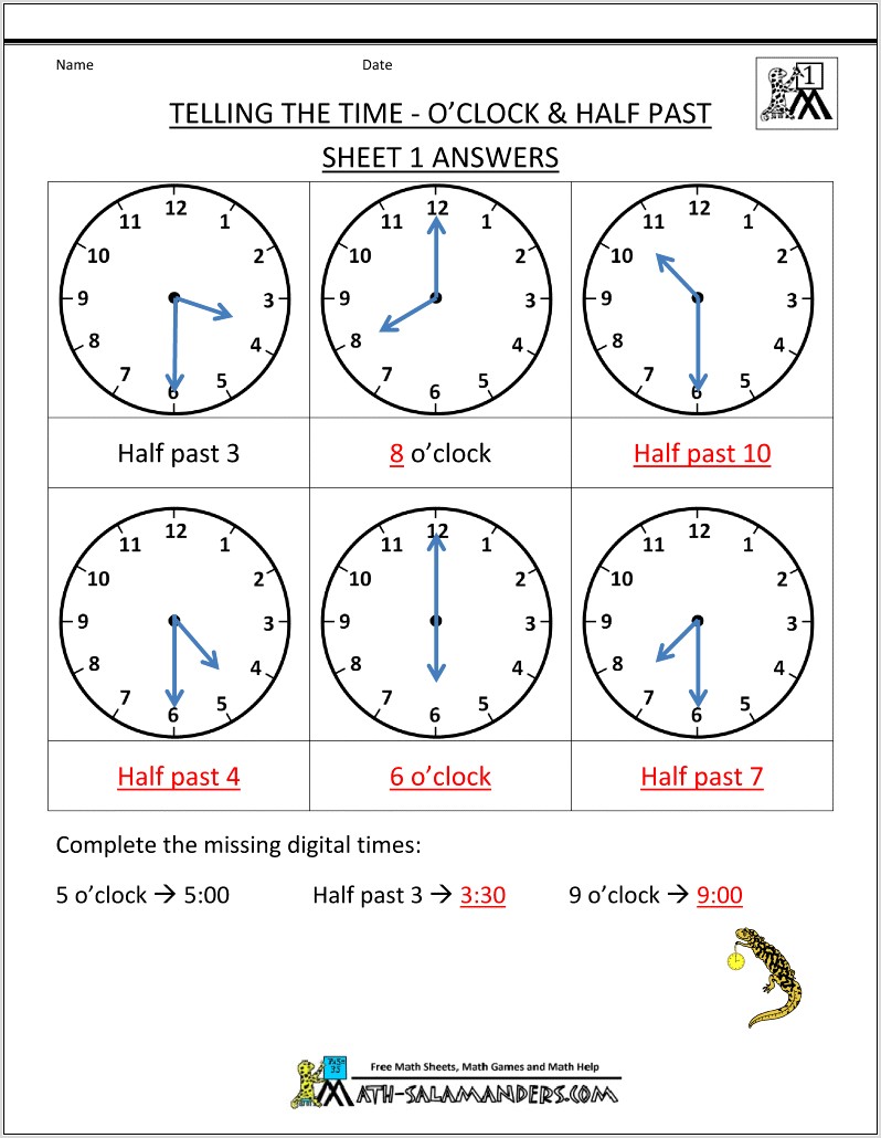 Time Worksheet Hour And Half Past
