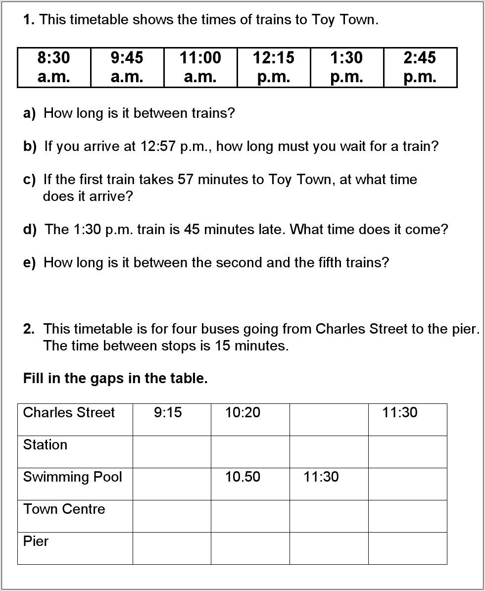Time Worksheets Using Timetables