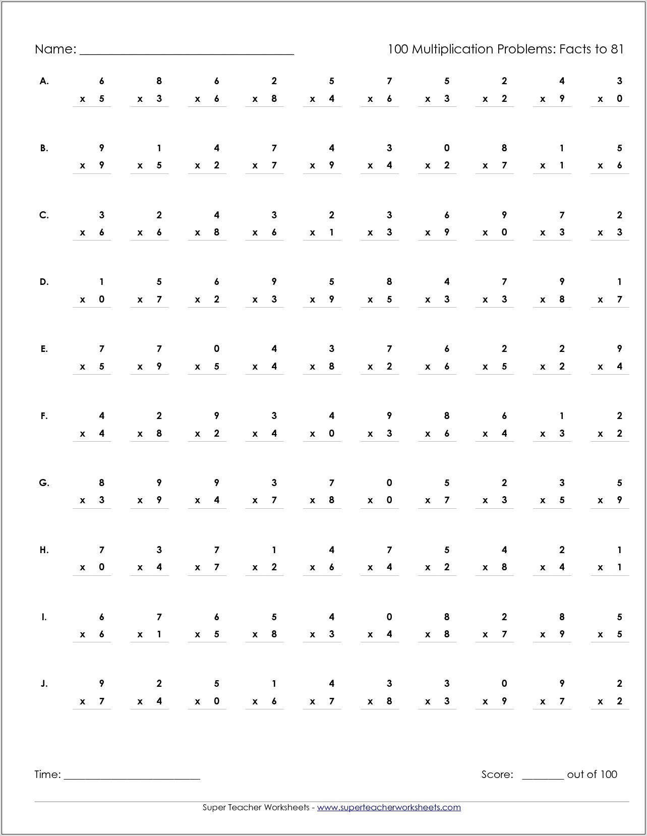 Timed Printable Multiplication Test