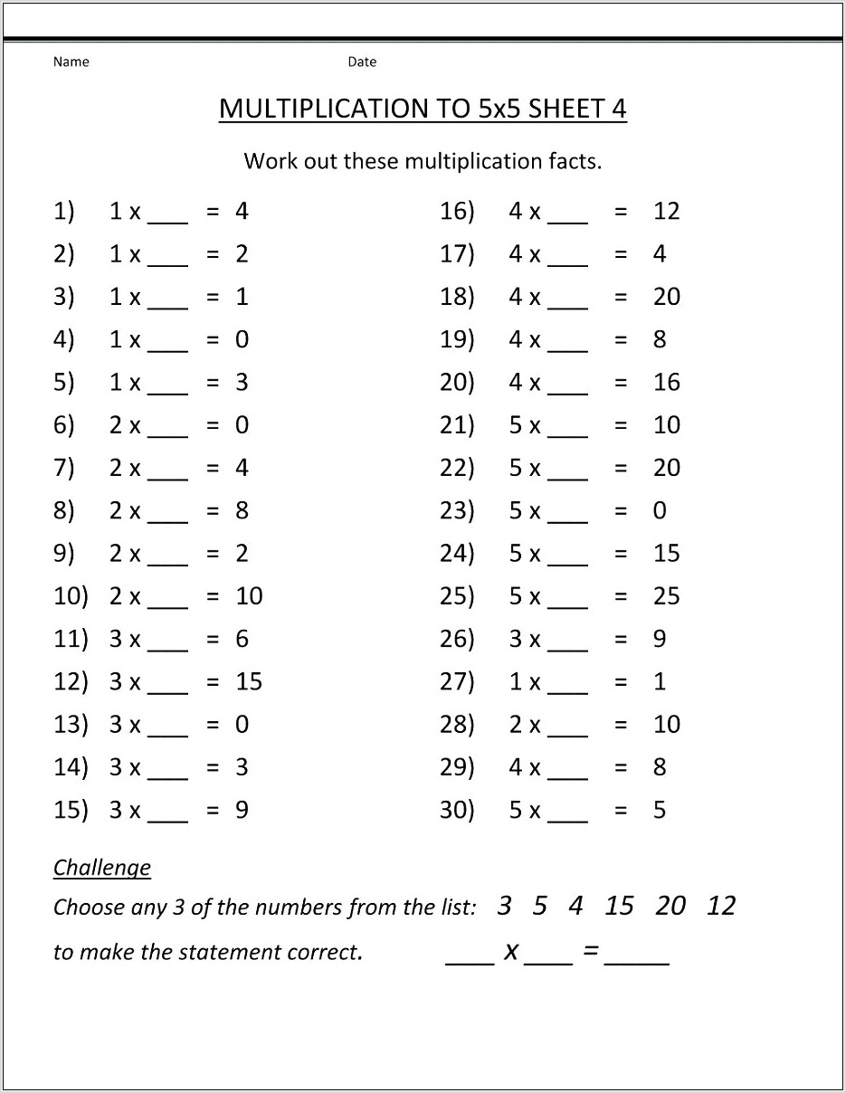 Times Table Challenge Worksheet Ks2