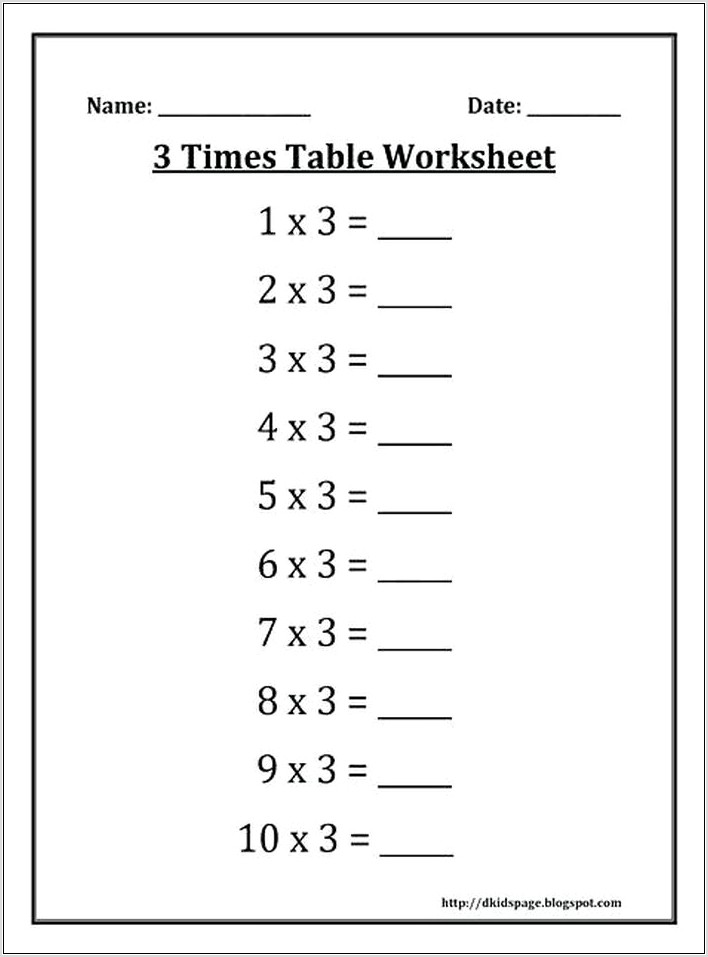 Times Table Worksheet Year 3