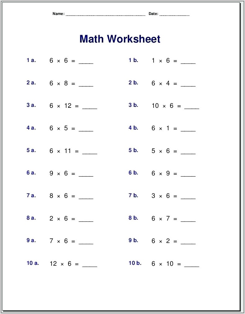 Times Table Worksheets Grade 6