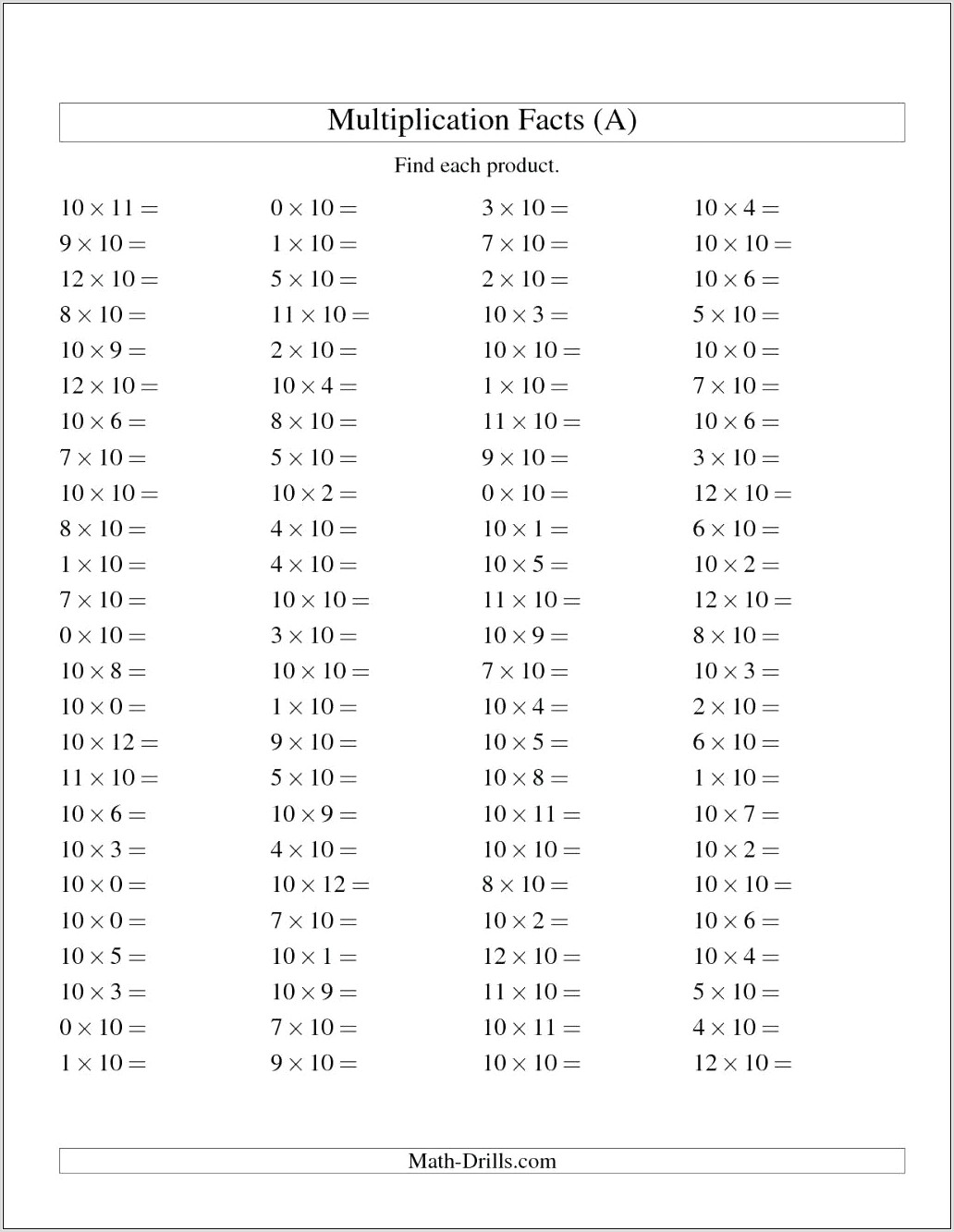 Times Table Worksheets Timed