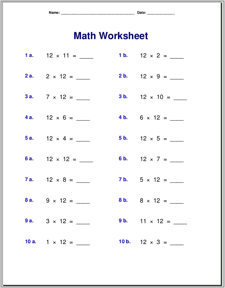 Times Table Worksheets To 12