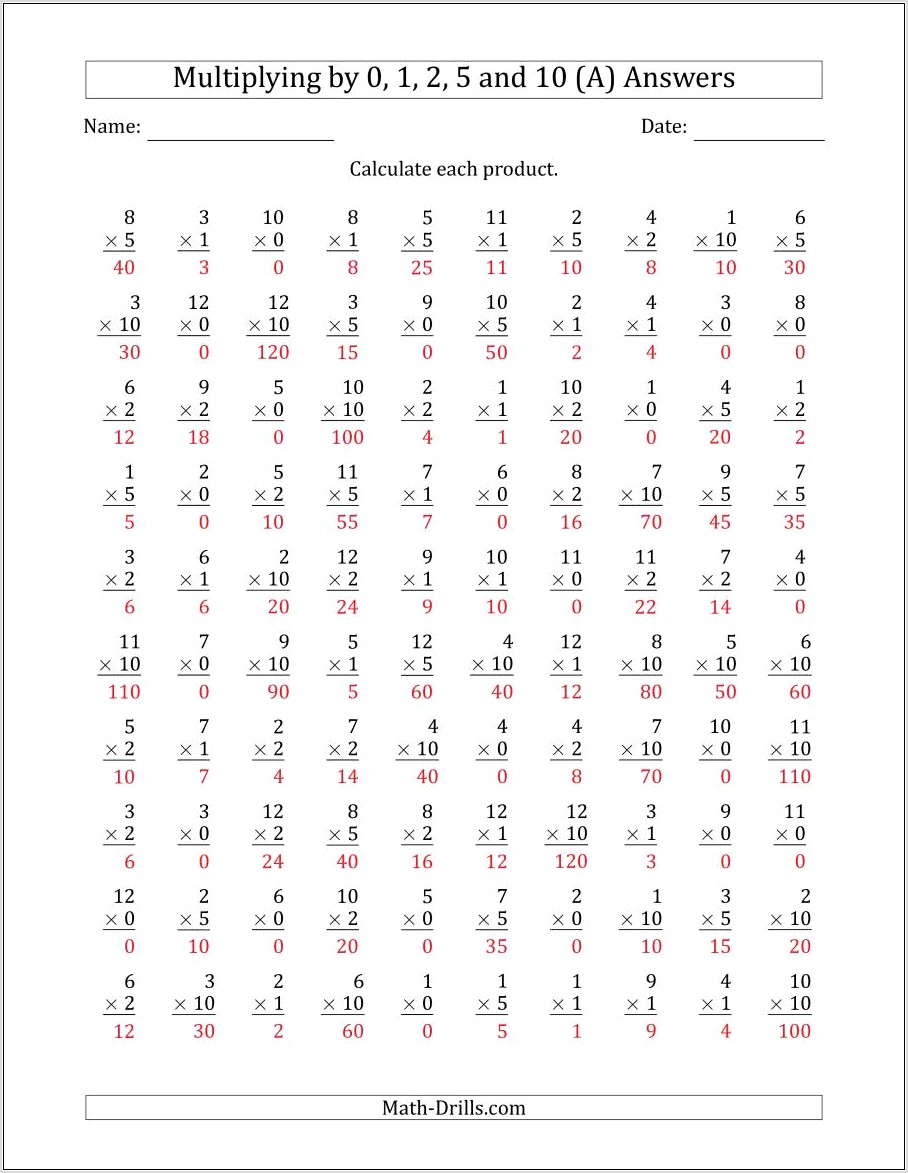 Times Tables 0 5 Worksheets