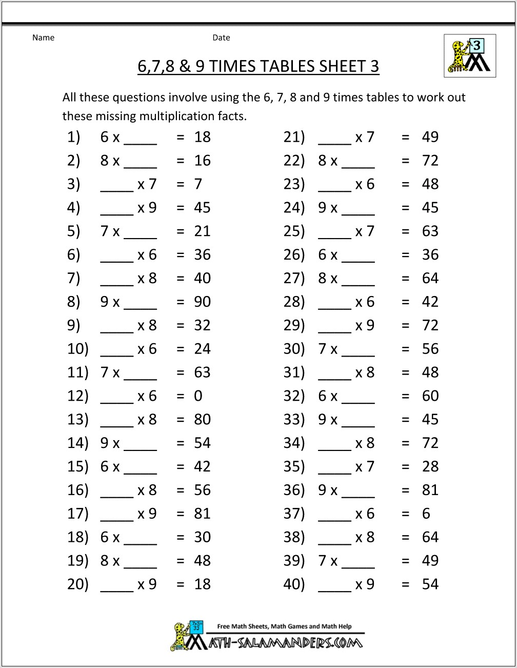 Times Tables Worksheets 6 7 8