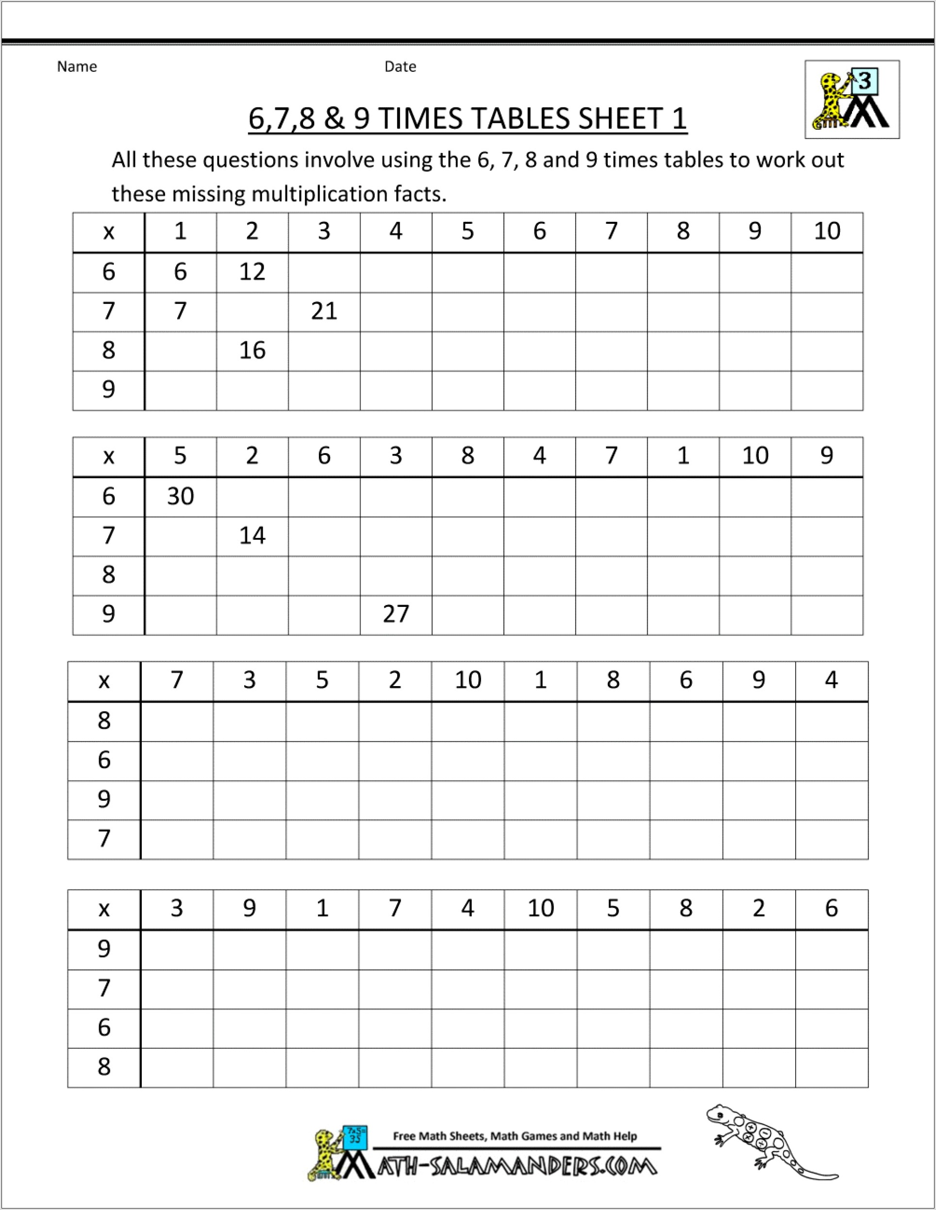 Times Tables Worksheets With Answers