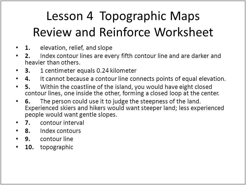 Topographic Map Worksheet With Answer Key